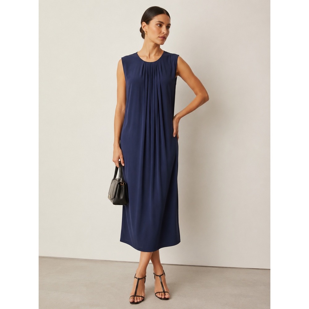 Salvatore Ferragamo Sleeveless Midi Dress S Navy Indigo Pleated Luxury‎